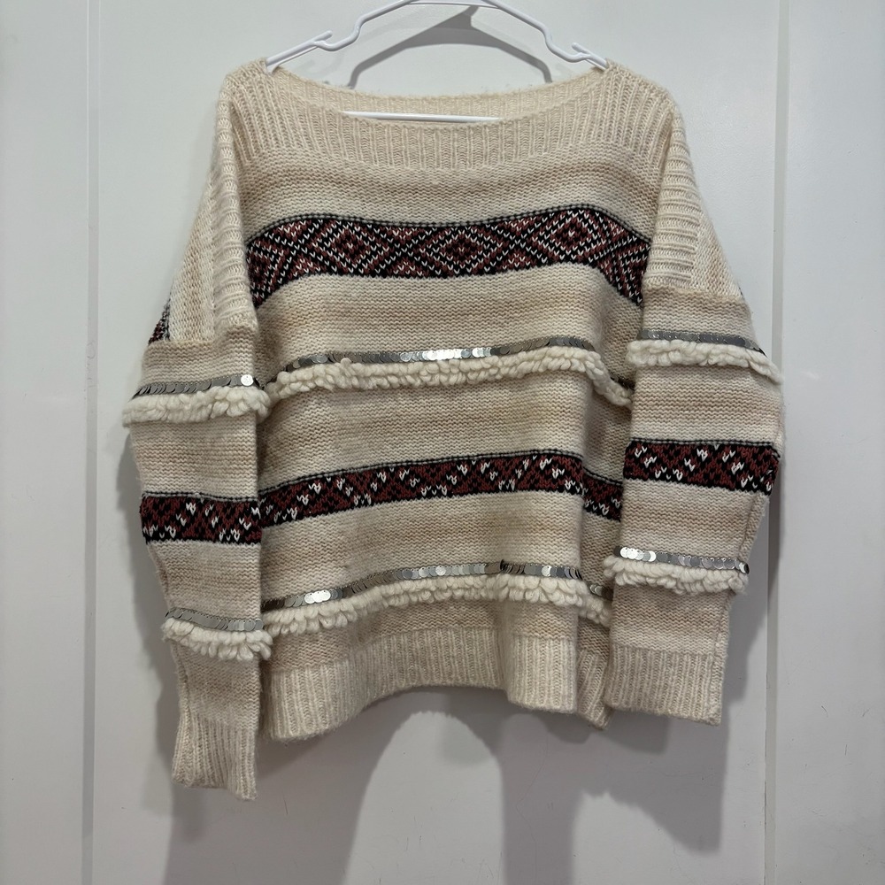 Mes Demoiselles Paris Sequin Fringe Fair Isle Knit Sweater Cream Boho S14934 1